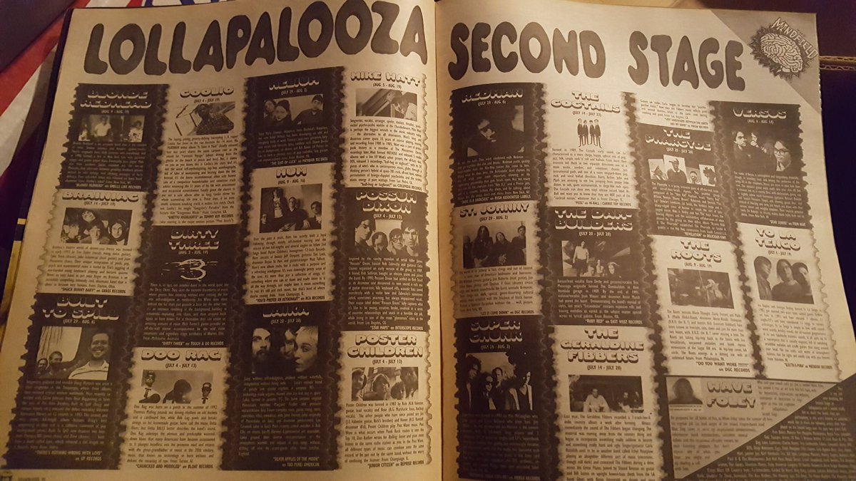 Acquistorium's tweet photo. Found a magazine given out during Lollapalooza '95. Look at that second stage! Someone pls curate a fest next year called The 1995 Lollapalooza Second Stage? Sending that out to the universe! @superchunk @BlondeRedhead  @carlabozulich .. #lollapalooza #lollapalooza95 #spotifythis https://t.co/qhIs11ZRQn
