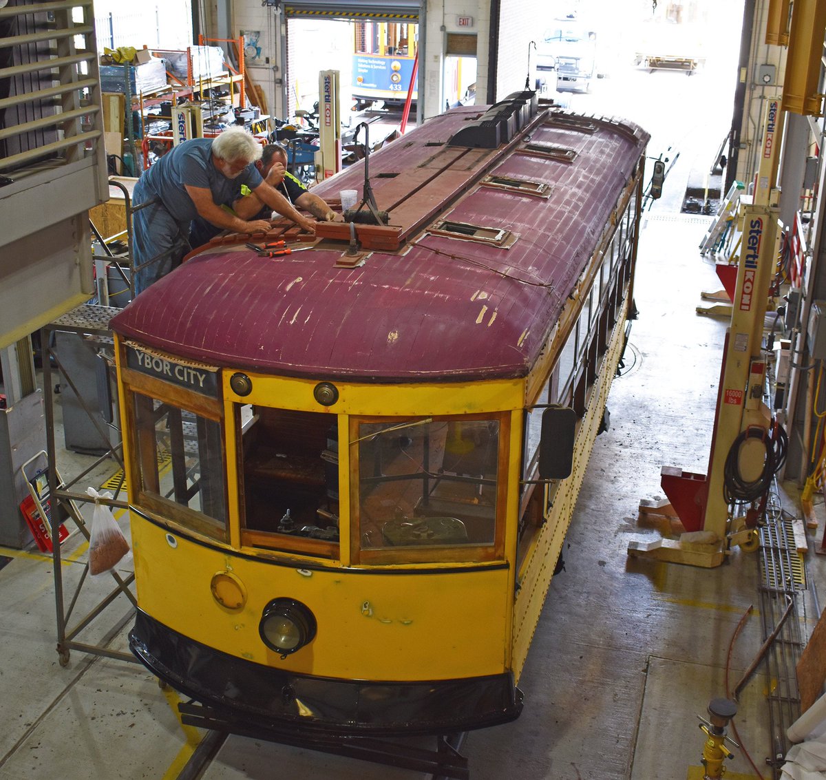 TampaStreetcar's tweet image. The renovation of #Birney163 continues. The old roof is currently getting prepped for full replacement. Fun fact: The contractor replacing the roof was a part of the original team that renovated the Birney almost 20 years ago!
