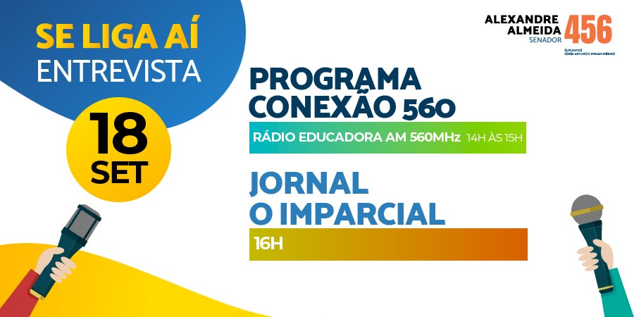 AlexandreAlm_MA's tweet photo. Amanhã, estarei ao vivo na Rádio Educadora, no programa Conexão 560. À partir das 14h, sintonize AM 560MHz ou acompanhe pela internet. Em seguida, também vou conceder entrevista ao O Imparcial. 
.#OMaranhãoÉPraJá #AlexandreAlmeidaSenador #AlexandreAlmeida456 #NaImprensa https://t.co/wB613MI6Zt