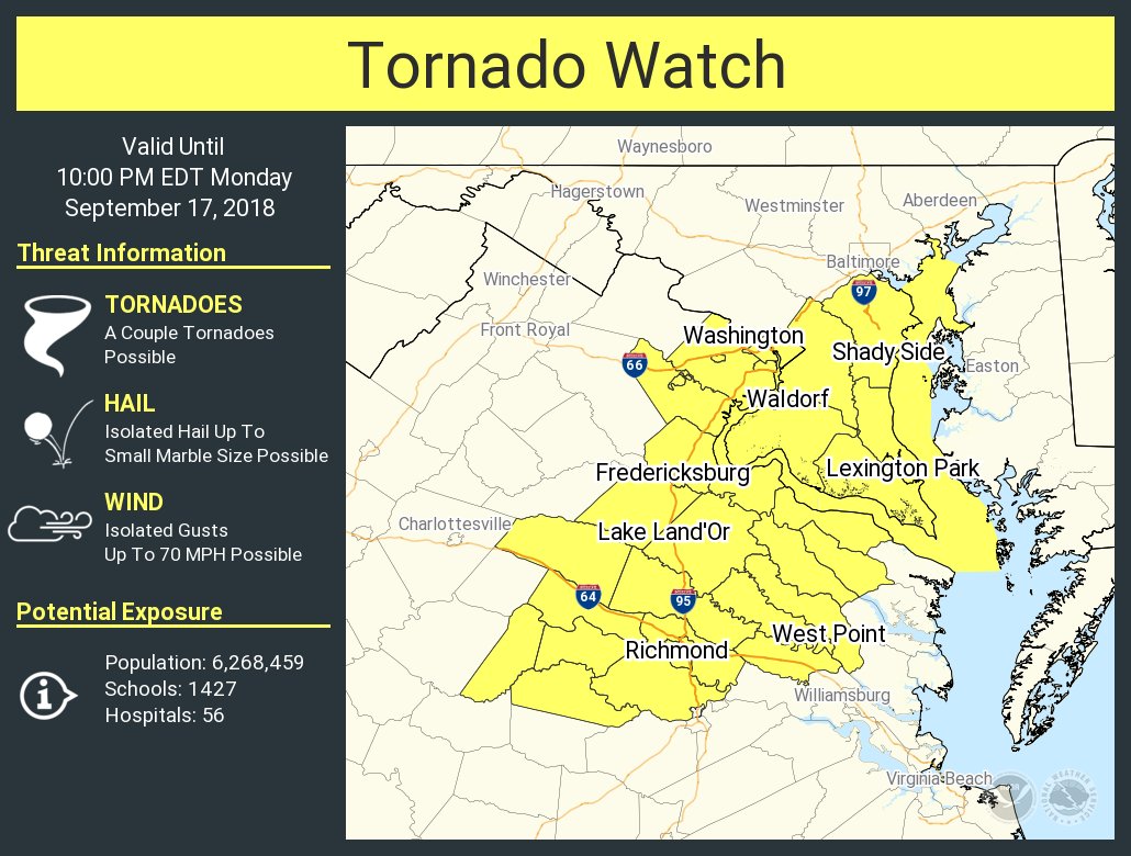 NWS_BaltWash's tweet photo. A tornado watch has been issued for parts of District of Columbia, Maryland and Virginia until 10 PM EDT https://t.co/4CDThHFJfU