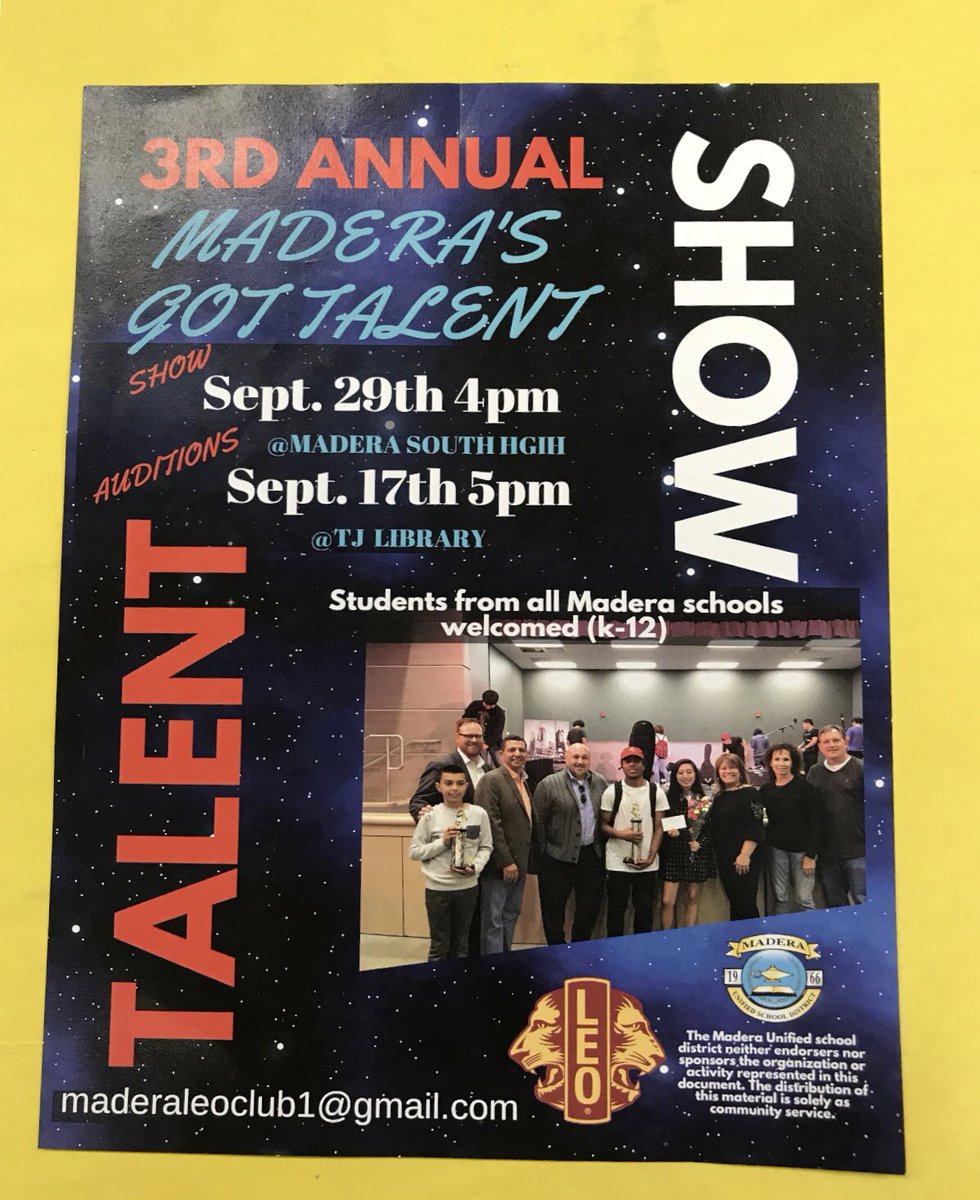 thelopez411's tweet photo. Madera’s 3rd Annual Talent Show is around the corner! Don’t miss out auditions today. 5pm at TJ library https://t.co/Pg4RYUYxV1