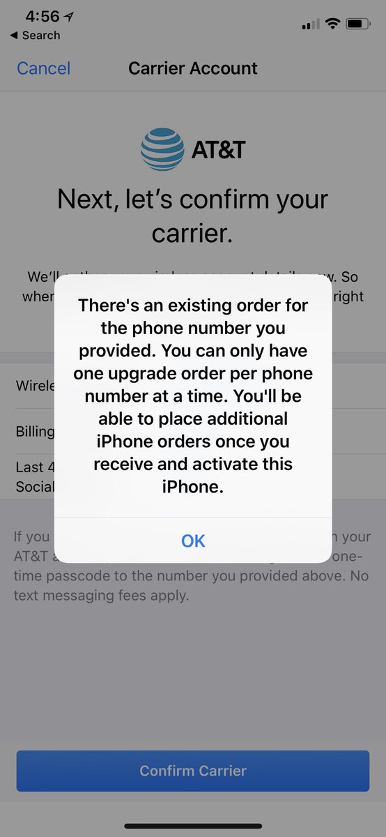 ryanwells's tweet photo. It’s been 4 days, 2 useless trips to the @att store, 4 calls to AT&amp;T service, 3 calls to @Apple, 1 call to a bank, and nearly 8 hours talking to support, and STILL no one can tell me why I’m getting this error preventing me from pre-ordering a new phone! 😡 https://t.co/Uej58J4YgF