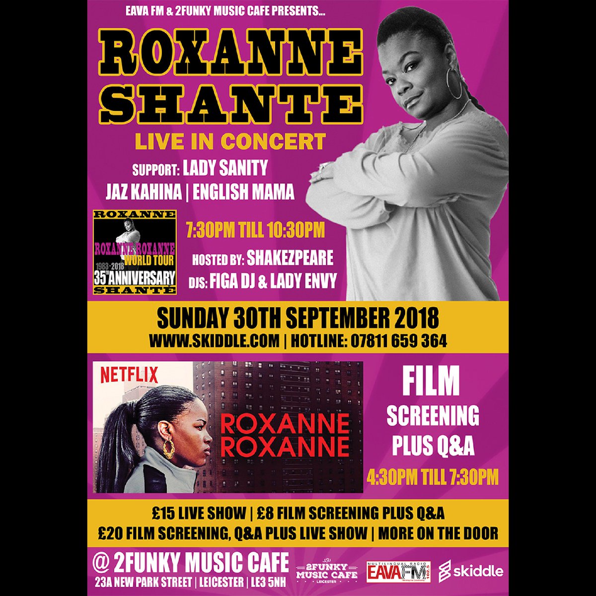 FridayFlexShow's tweet photo. #NewProfilePic @ImroxanneShante #live @2funkymusiccafe 30.09.18 with @Ladysanity @JazKahina @Figadj @Dj_Ladyenvy @SHAKEZPEARE #Leicester #hiphop #rap #rappers #tours #roxanne #netflix #movie #radio #RealHipHop https://t.co/NcA0uqsMOE