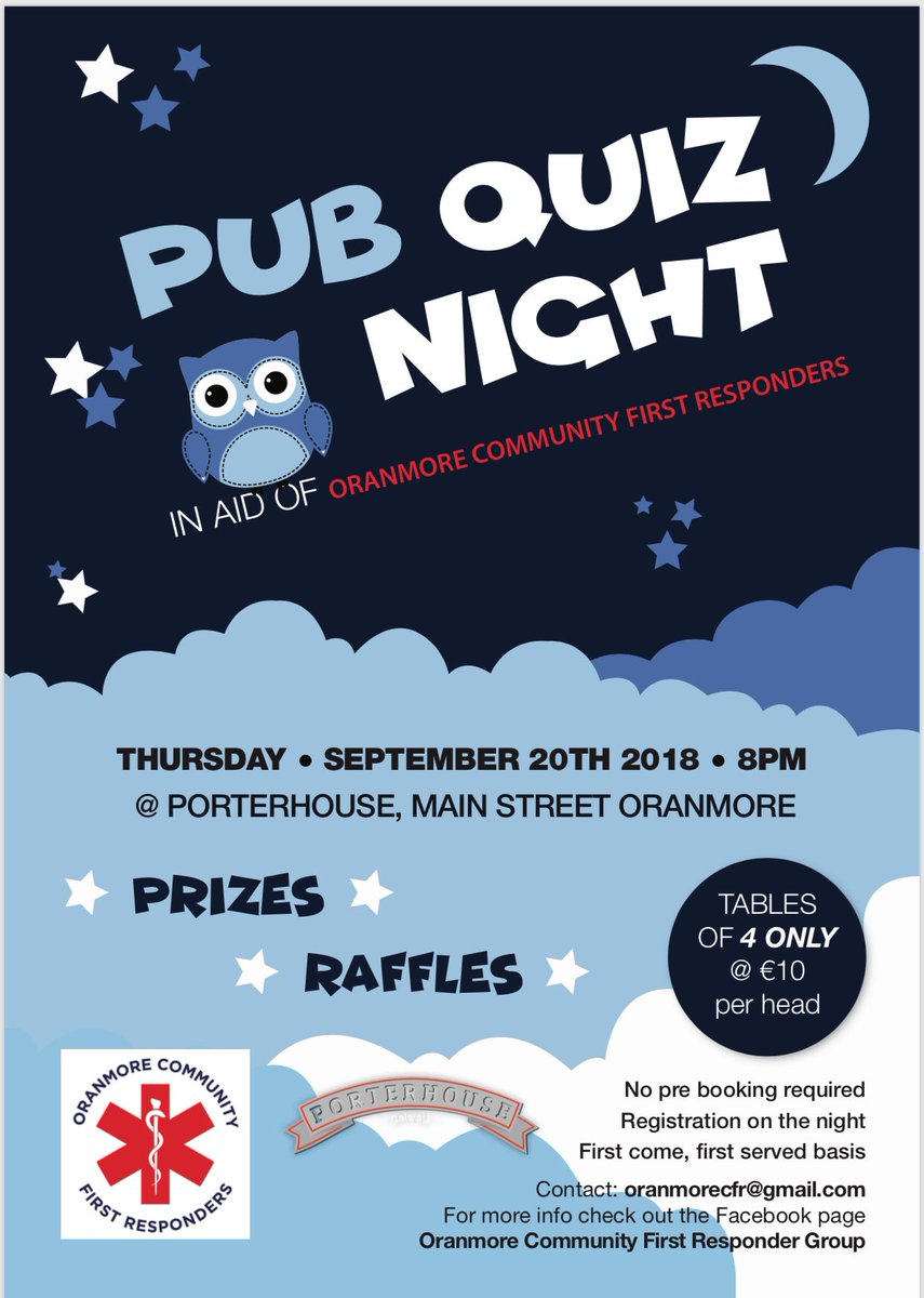 Don’t forget our table quiz this Thursday night loads of fantastic spot prizes. Teams of 4 €40 loads of fun to be had! #fundraising #cfr