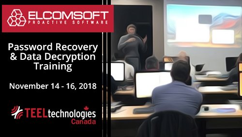 teeltechcanada's tweet image. Join us for @ElcomSoft  Password Recovery &amp;amp; Data Decryption training in Toronto, November 14-16, 2018.  bit.ly/2uCoeZ0
Learn about  password protection and data encryption techniques used in today&apos;s mobile forensics.
#passwordrecovery #datadecryption #digitalforensics