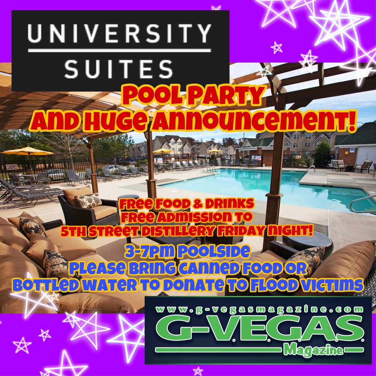 gvegasmagazine's tweet image. Join @gvegasmagazine and @liveusuites  University Suites this Friday for a pool party and big announcement!We will have free food and drink for everyone in attendance, great music and fun for everyone. Don’t forget you also get free omission for the after party at @fifthstreet252