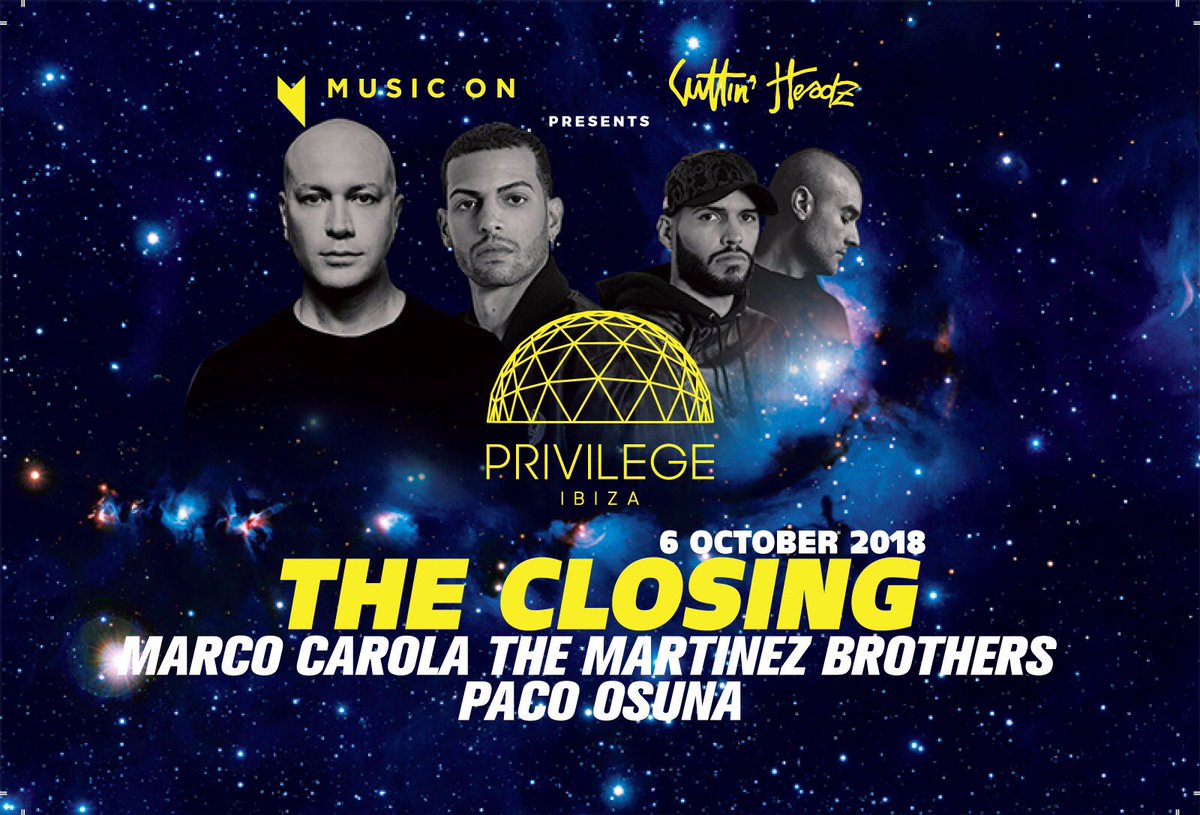 marco carola (@marcocarola) on Twitter photo Sat 6 Oct
@musiconofficial & <a href="/Cuttin_Headz/">Cuttin' Headz</a> present
THE CLOSING
<a href="/privilege_ibiza/">Privilege Ibiza</a>
Vista
18-20 TBA
20-24 <a href="/marcocarola/">marco carola</a> #sunset set
Main
22-24 TBA
24-02 <a href="/MarcoFaraone/">Marco Faraone</a>
02-04 <a href="/pacoosuna/">arie vdmb</a>
04.00-till closing
<a href="/marcocarola/">marco carola</a> b2b <a href="/themartinezbros/">TheMartinezBrothers</a>
bit.ly/musiconclosing Sat 6 Oct
@musiconofficial & <a href="/Cuttin_Headz/">Cuttin' Headz</a> present
THE CLOSING
<a href="/privilege_ibiza/">Privilege Ibiza</a>
Vista
18-20 TBA
20-24 <a href="/marcocarola/">marco carola</a> #sunset set
Main
22-24 TBA
24-02 <a href="/MarcoFaraone/">Marco Faraone</a>
02-04 <a href="/pacoosuna/">arie vdmb</a>
04.00-till closing
<a href="/marcocarola/">marco carola</a> b2b <a href="/themartinezbros/">TheMartinezBrothers</a>
bit.ly/musiconclosing