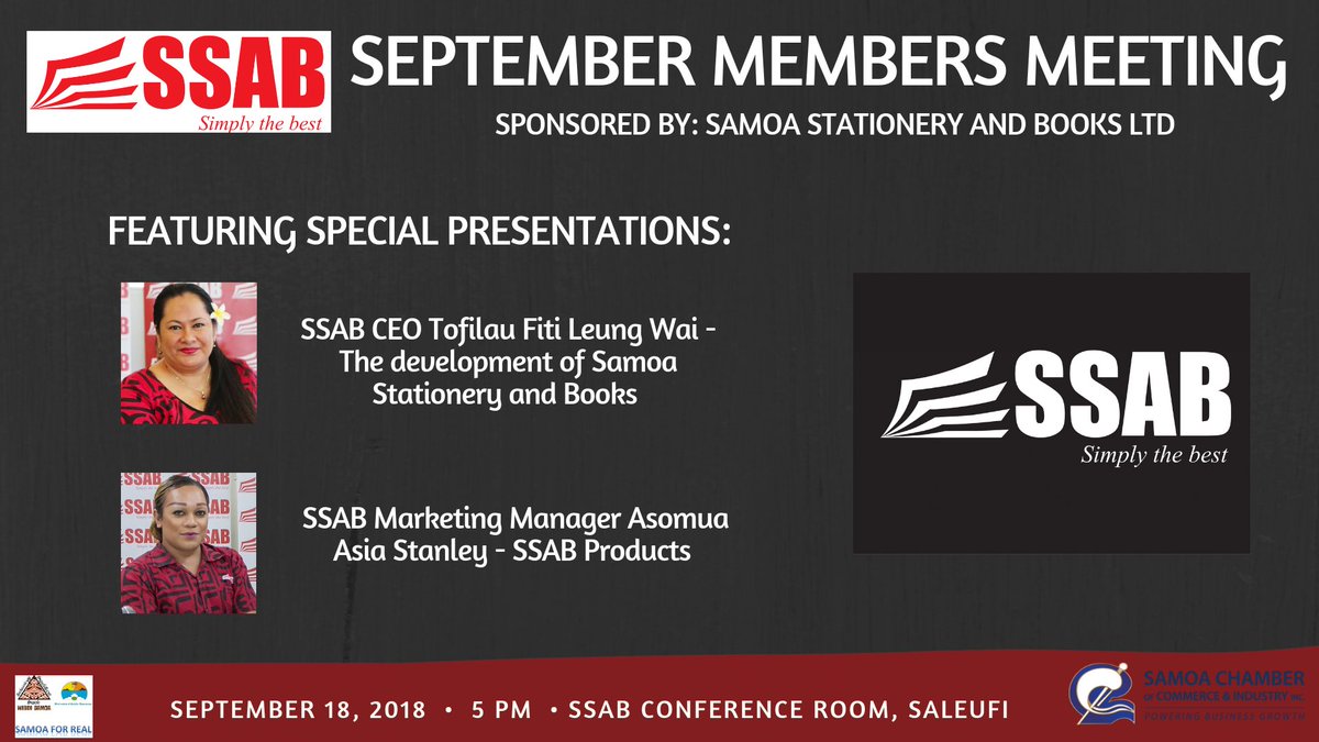 Tonight SSAB will be hosting our September members meeting - this is a must RSVP event so RSVP today ph:31090 #PoweringBusinessGrowth #SamoaStationeryAndBooks
