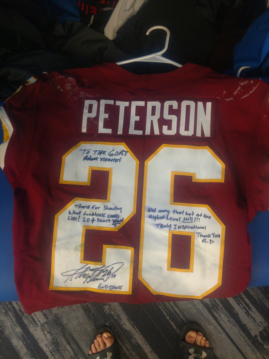 The great @AdrianPeterson was generous to swap jerseys with a little old kicker! I can't wait to get this thing framed up and put on the wall!! #frontandcenter #oneofthegreatesttoputonajersey