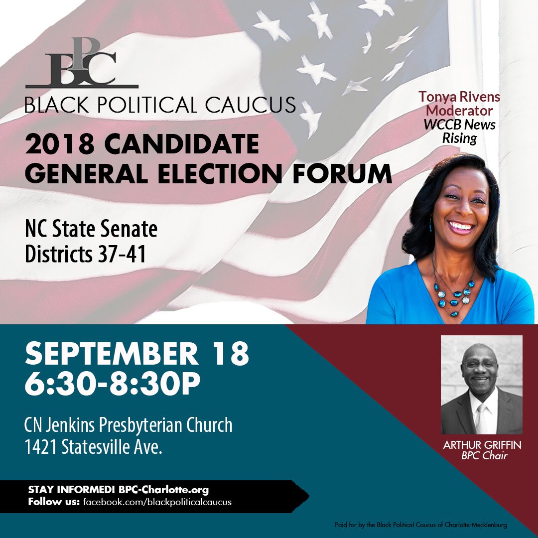 Join us tomorrow 9/18,  for the 2018 Candidate General Election Forums, featuring the candidates for NC State Senate, districts 37-41.  Hosted by @TonyaRivensLive This is a free event, opened to the public.