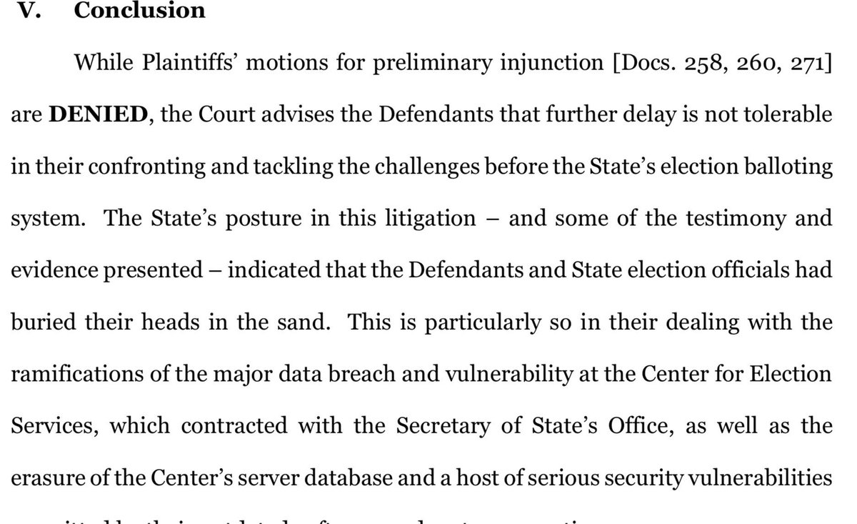 attorney_jen's tweet image. After no ruling earlier, I expected this. Judge Totenberg denied request for paper ballots this Nov. But @BrianKempGA should not view this as a win. “The Court is gravely concerned about the State’s pace in responding to the serious vulnerabilities of its voting system..” Me too.