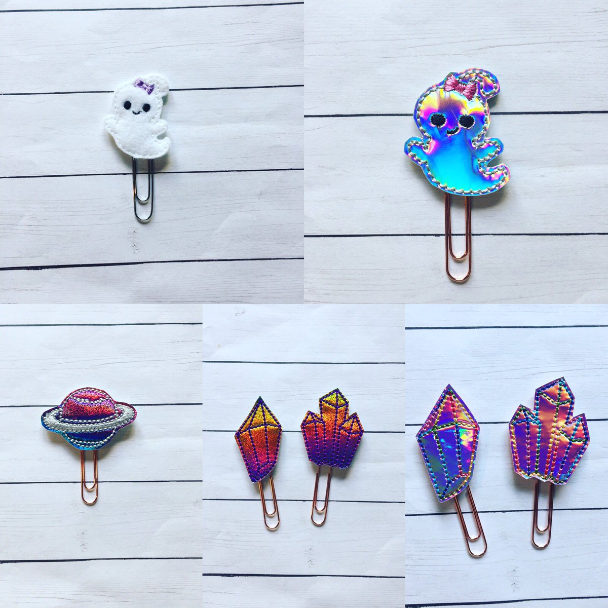 TheCraftyMail's tweet photo. I love when I get to bring yall's custom requests to life &amp; then I end up loving them so much I make them part of the regular line up!! Check out that #rainbow holo 😍And that #Saturn ❤️❤️  #ghost #crystals #planet #holo  #planner #plannerclips  #felties #customorder #etsy https://t.co/hEChFN26r7