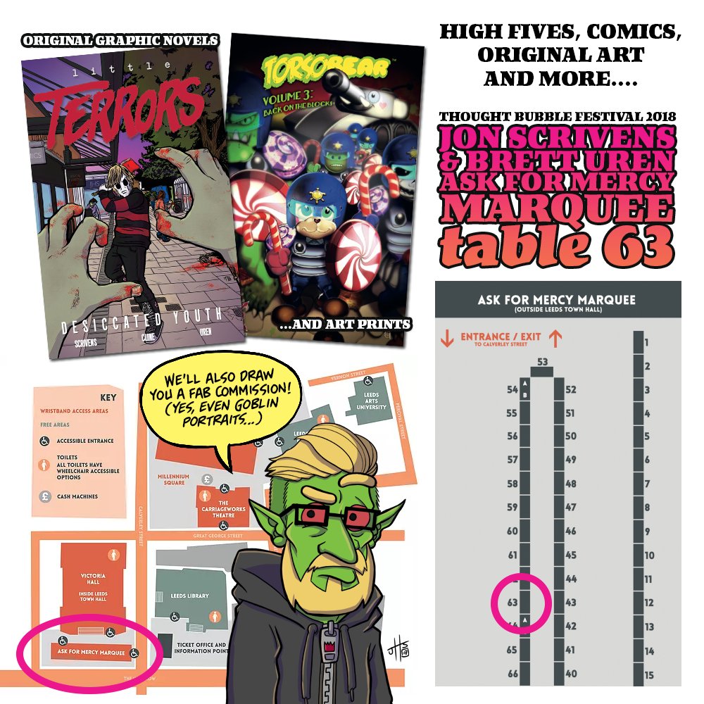 SO ITS THIS WEEK! Thought Bubble Festival, Leeds is this weekend and Brett and I are rockin' it like its 2008! Commissions, Bad Puns, High Fives and of course COMICS! See us in the Ask For Mercy Marquee, next to <a href="/highbrowtrash/">Tom Ward</a> and @UmarDitta. The cool kids' row! :D