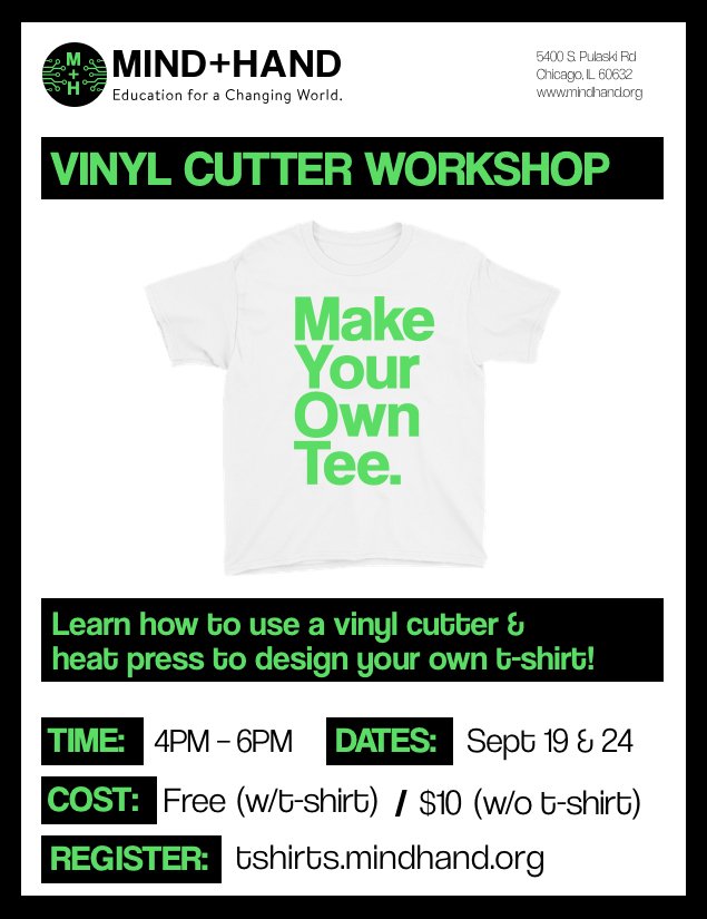 MindandHandChi's tweet image. Interested in designing your own shirt? We will be hosting a Vinyl Cutter Workshop this Wednesday and next Monday!
Register here: bit.ly/2MJYiz4