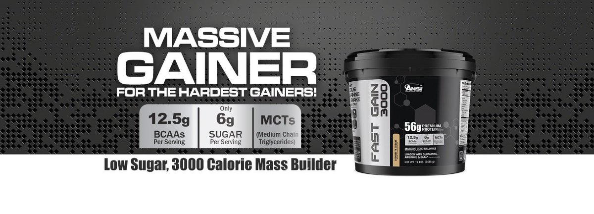 ANSI_Josh's tweet photo. Massive gainer, for the hardest gains! Available in #RichChocolate, #CookiesandCream, and #IceCreamVanilla. Low sugar, 3,000 Calorie mass builder. Get 20% off your order by using the code: Josh731 at checkout #TeamANSI #ANSInutrition #ANSI #Nutrition #Protein #Workout #GreatTaste https://t.co/cFEmk0UwsQ