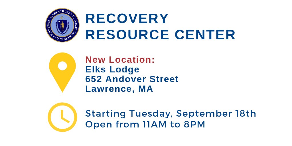 The Recovery Resource Center is now located at the #Lawrence Elks (652 Andover St) and open from 11AM to 8PM. Personnel from various organizations and agencies will continue to be available on-site to assist residents with recovery needs. #NorthAndover #Andover
