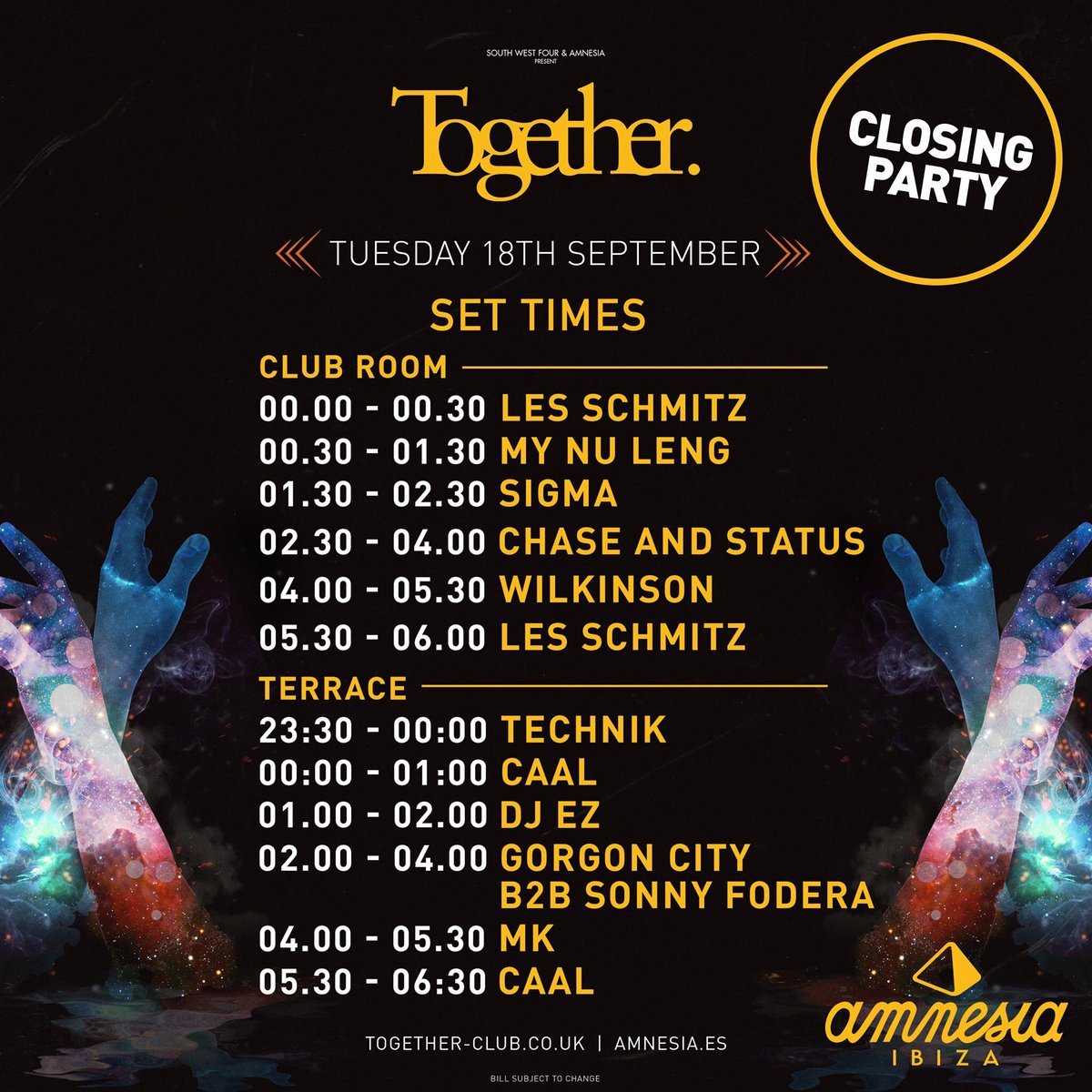 Togetherclub's tweet photo. Tuesday 18th Sept Closing Party β Amnesia Ibiza πππΆπ
Its been a fantastic 8th Season with our two room take over at Amnesia and we end the season with this specially curated line up
Join us one last time β« https://t.co/Iayo2xzRdy
#LetsDanceTogether #NotYourAverageTuesday https://t.co/WVcDZXD9hh