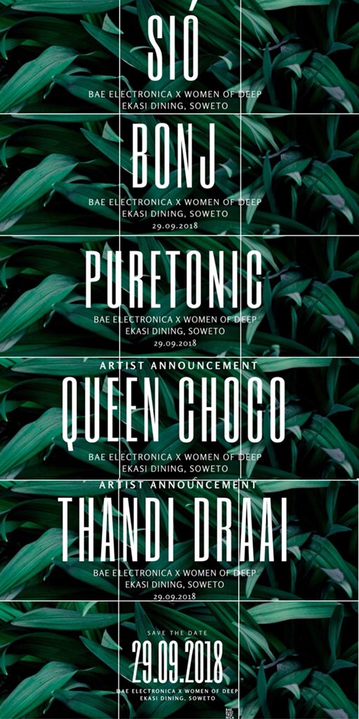 KamoMailula_'s tweet photo. 🎉: #BaeElectronica (@JackieQueensSA) x #WomenOfDeep (@irissishi)
📆: 29.09.2018
📍: Ekasi Dining, 771 Ramapulane Street, Mofolo South, Soweto.
⚠️: LINE UP 🔥🔥🔥 https://t.co/xMrkrXZ8Ya
