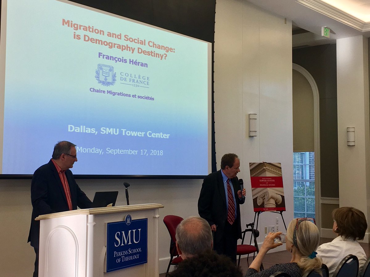 SMUTowerCenter's tweet photo. Tonight @SMU we discuss #demographic change with visiting scholar Dr. Francios Heran, @cdf1530, at the #TowerCenter program “Migration and Social Change: Is Demography Destiny?” https://t.co/9qJhjiLbXr
