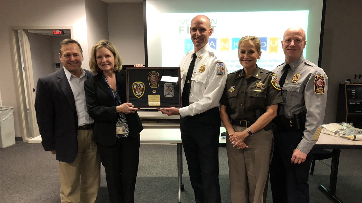 fairfaxsheriff's tweet photo. Congratulations from @fairfaxsheriff, @FairfaxCountyPD, and @ffxfirerescue to @LauraBYager on her retirement. She has been a strong, creative and engaging leader, who motivates us to match her passion and meet her high expectations, especially with #DiversionFirst. https://t.co/qtJfUvTmzf