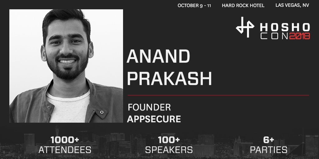 HoshoCon (@hoshocon) on Twitter photo Don't miss Anand Prakash <a href="/sehacure/">Bugtester198</a>, founder of <a href="/AppSecure/">AppSecure Security</a>, and one of the world's top #whitehat hackers, speak about this year's HoshoCon. We'll see you in Las Vegas at the Hard Rock Hotel. ☀️ #Blockchain #cybersecurity #hoshocon
Get tickets: buff.ly/2l9IkCX Don't miss Anand Prakash <a href="/sehacure/">Bugtester198</a>, founder of <a href="/AppSecure/">AppSecure Security</a>, and one of the world's top #whitehat hackers, speak about this year's HoshoCon. We'll see you in Las Vegas at the Hard Rock Hotel. ☀️ #Blockchain #cybersecurity #hoshocon
Get tickets: buff.ly/2l9IkCX