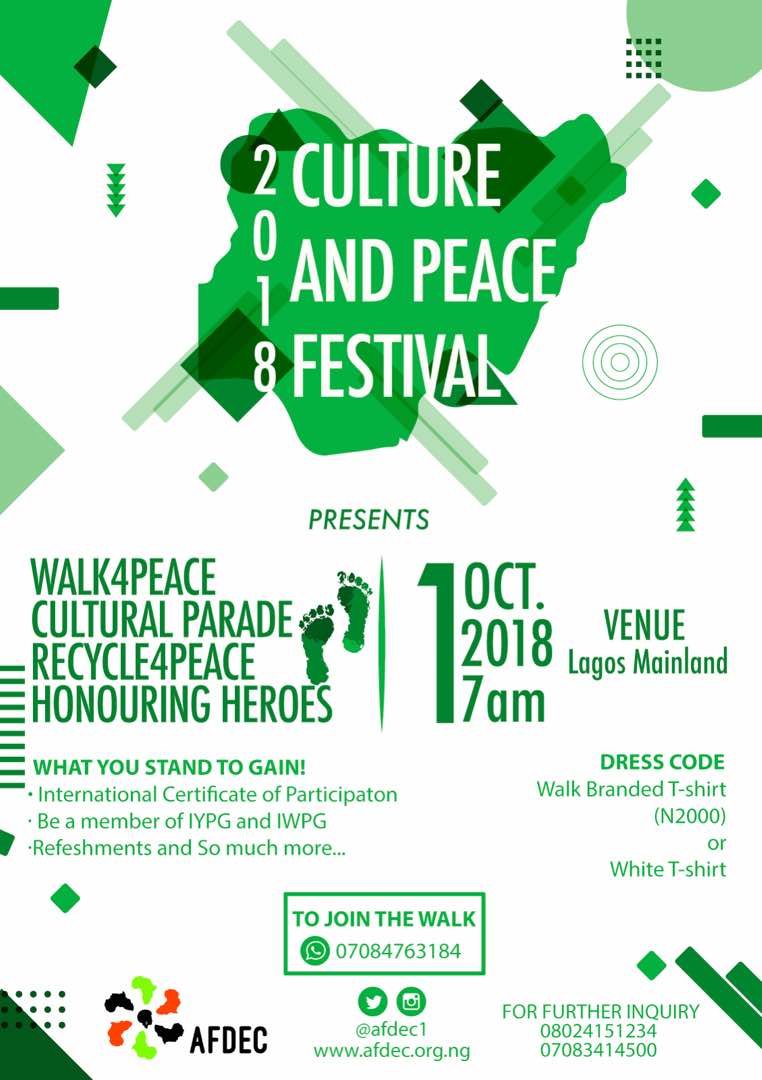 fremzy4u's tweet photo. Hello, have you state your stand? 

Don't forget, it's the Culture and Peace Festival 2018.
@AFDEC1 
#walk4peace
#CPFA'18
#Naija4Peace 
#Stateyourstand https://t.co/X6oTsl6Efd