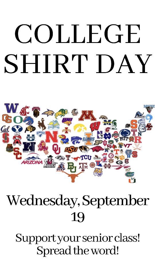 Hey hey Seniors! Wednesday Sept. 19 is College Shirt Day. Senior Sunrise is also the same day! Don’t forget to wear your college tee as you come on down to Senior Sunrise from 7-8am. Can’t wait to see y’all there!!  #collegeshirts #seniorsunrise #Classof19