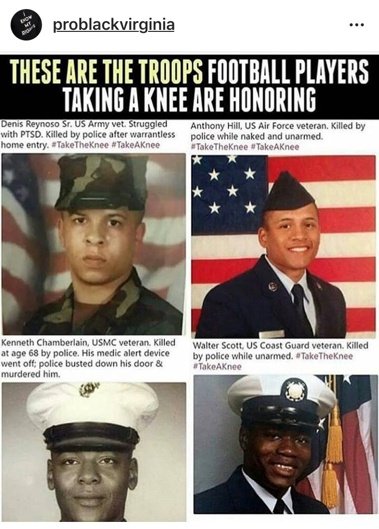 loveonlyworks's tweet photo. RP: problackvirginia R.I.P. โThese are the troops football players are taking a knee are honoringโ #ColinKaepernick #ColinKaep https://t.co/Q2XZuKhmQ8
