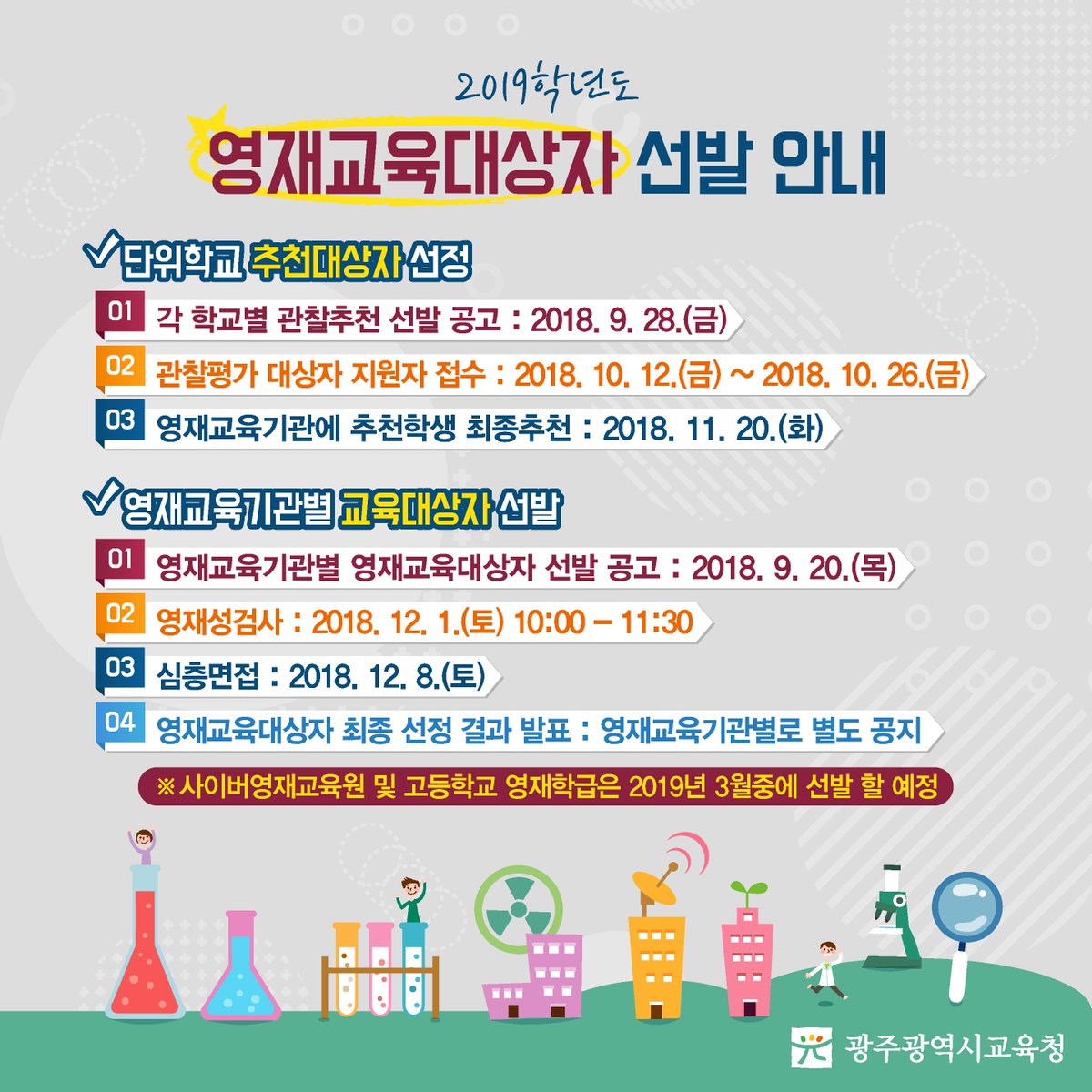 edugju's tweet image. #광주광역시교육청이
2019학년도 #영재교육 대상자를 선발합니다!
자세한 사항은  
bit.ly/2Nbu3pK