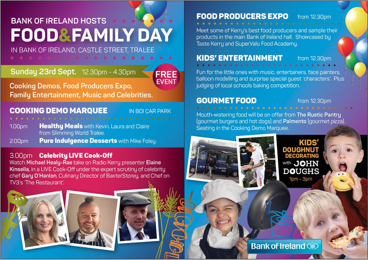 Great free Family and Food event on in Bank of Ireland, Tralee on Sunday. Hope to see you all there. <a href="/FoodTralee/">Tralee Food Festival</a> @TraleeAlliance <a href="/TraleeCity/">TraleeCity</a> <a href="/Traleetodaynews/">TraleeToday.ie</a> #boi #events #tralee