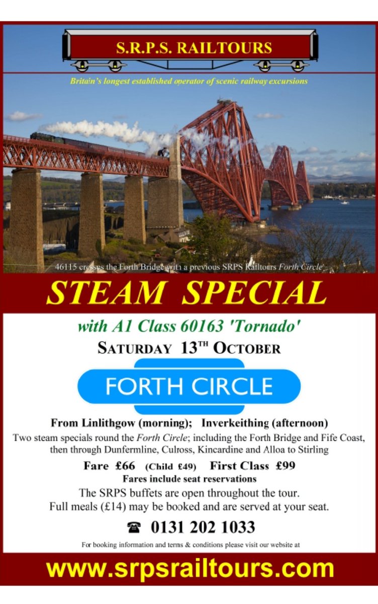 srpsrailtours's tweet photo. Have you booked our #ForthCircle #steamtrain on Saturday 13 October with @60163_Tornado yet? There's still time! Chose our morning train from #Linlithgow or afternoon train from #Inverkeithing. Book online here https://t.co/1Tp9EJZZLw or call 0131 202 1033. ^JS https://t.co/maXFw1Gm3Y