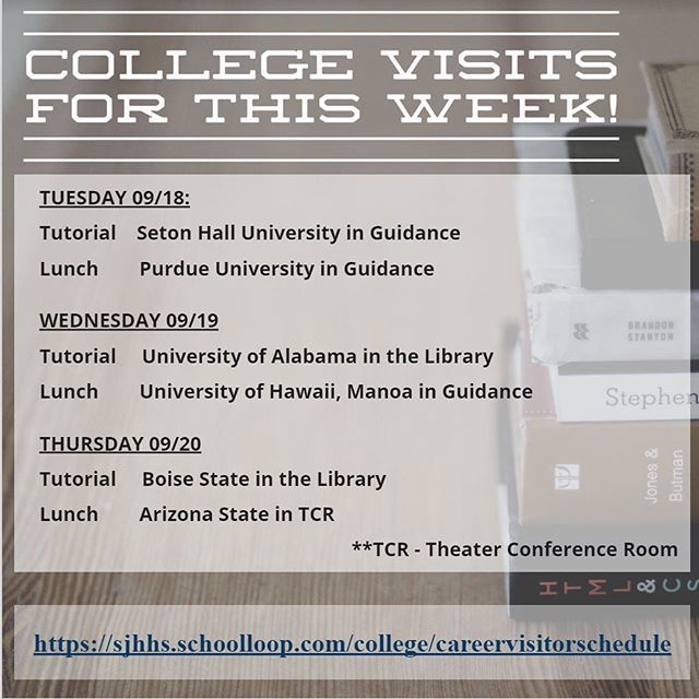 AmyVarricchio's tweet photo. @officialsjhhs Seniors and Juniors check out the colleges visiting San Juan Hills this week! #RFTB #college https://t.co/3hbFpu9Jso https://t.co/Eh16JsYM2s