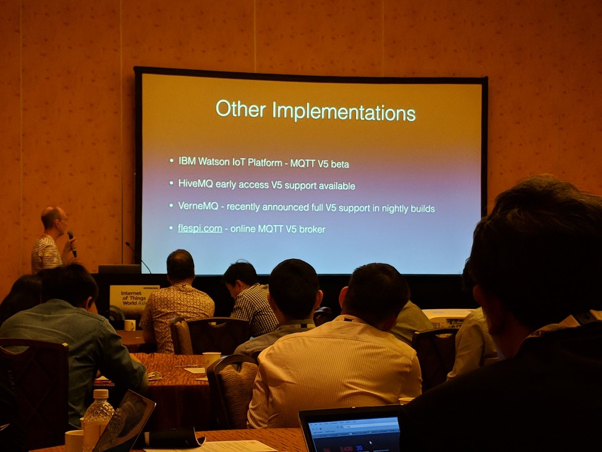 Really nice to see #MQTT 5.0 adoption in several #IoT platforms and brokers already! /cc <a href="/icraggs/">Ian Craggs</a> #EclipseIoTDay #Singapore