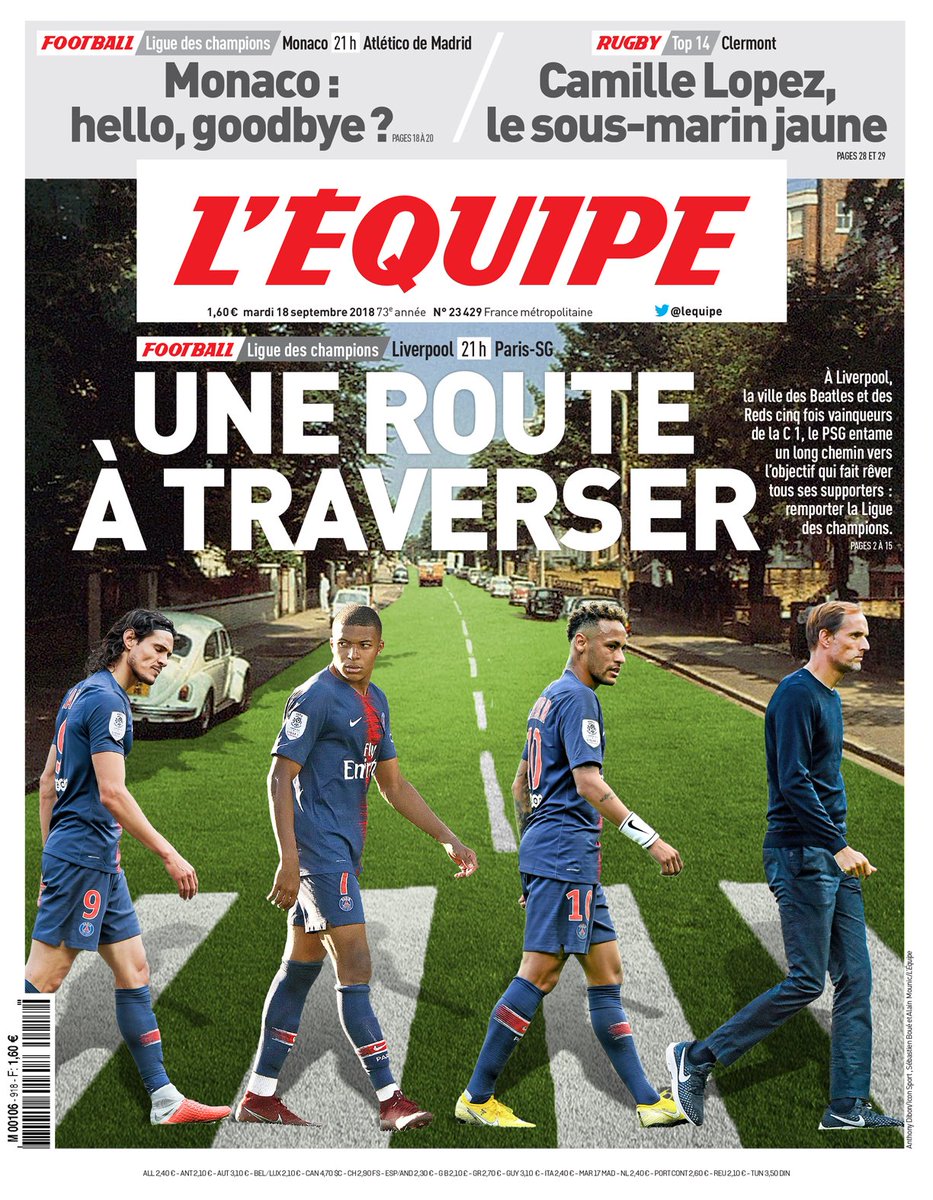 lequipe's tweet photo. Pour le PSG, «une route à traverser».

Téléchargez l'édition > https://t.co/Sv8Z0jqaDf
Une UNE avec un clin d'oeil à double (triple?) détente > https://t.co/ayrzToW4Yc https://t.co/GwjeolhyvR