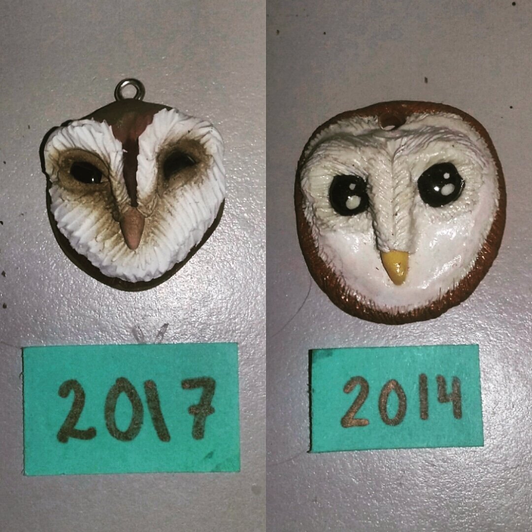 ZilFoxil's tweet image. PRACTICE IS PROGRESS 
I&apos;ve making a set if new earrings and I found an old piece, one of the first pieces I made. I like to see the progress of  my #polymerclay art. 😊
#practiceisprogress #barnowl #sculpting #sculpey #working #zilfoxxxilstudio
