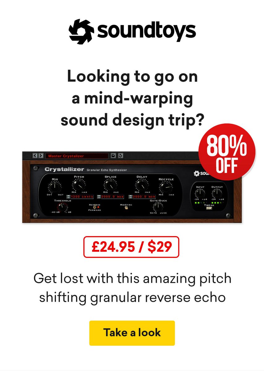 Crystallizer by <a href="/soundtoys/">Soundtoys</a>
is on 80% off for 24 hrs flash sale.

>>> bit.ly/2phKPoS