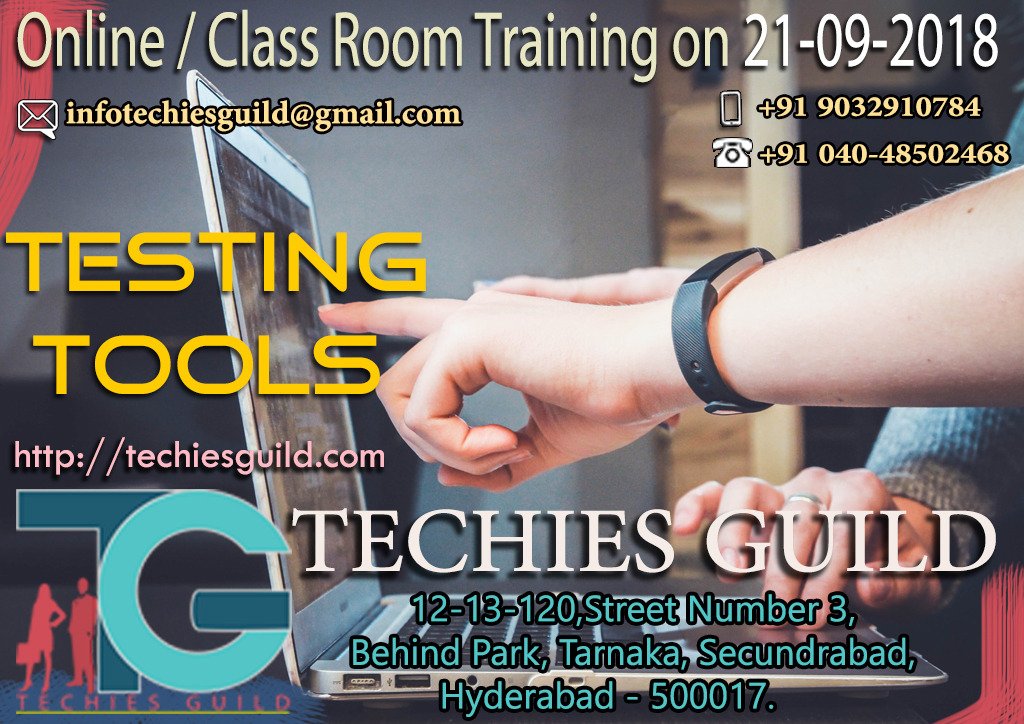 techiesguild1's tweet image. Testing Free Demo on September 21 Friday
Batch Type: Online/Class Room Training
Visit us at :techiesguild.com/testing.html
Email: infotechiesguild@gmail.com
Mobile: 9032910784
Phone:+91 040- 48502468