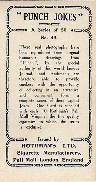 waybackruby's tweet image. Rothman's Ltd. "Punch Jokes" #cigarette card featuring #doctor and patient. No. 49 of 50, circa 1935, London. @vintagecigcards #cigarettecard  #ephemera