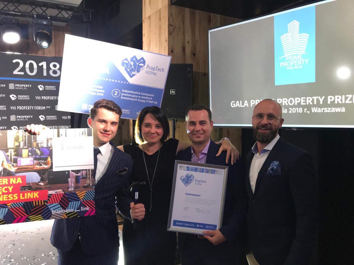 ProperGateApp's tweet photo. We've won! ProperGate as best PropTech startup in PropTech Festival 2018. 
Thank you all for support and votes and many thanks to Organizators and Jury.  It was amazing journey. 
Congratulations also to @sharespacepl  and Ada!
https://t.co/WAEchxIEYR
#proptech #contech https://t.co/PwCYNBhne3