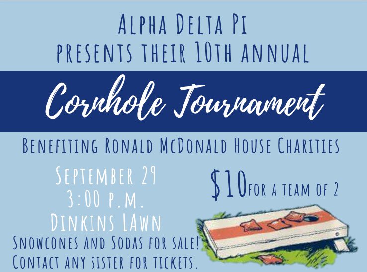 Need a ticket to our cornhole tournament? We will be selling tickets in Digs during common time today!! Come by and see us! 💓