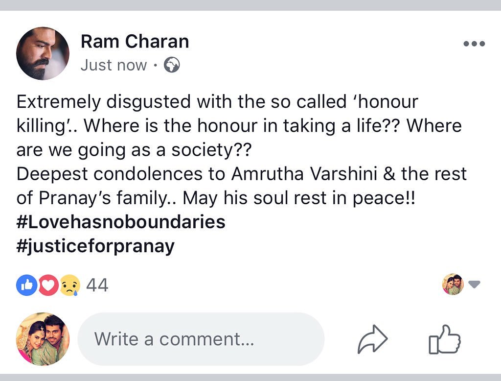 #lovehasnoboundaries #justiceforpranay 
#RamCharan via fb