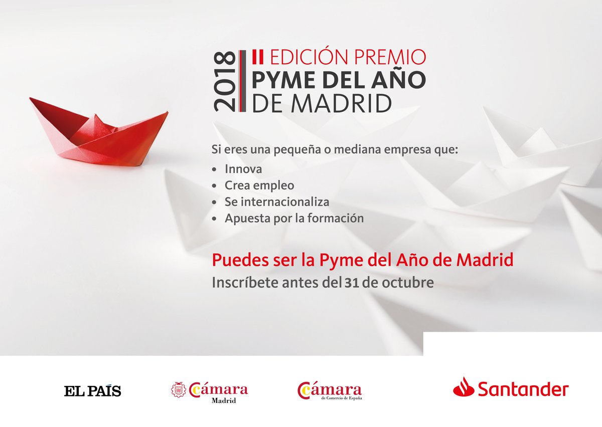 CamaradeMadrid's tweet photo. 🏆 El #PremioPyme2018 de Madrid de @camarascomercio @camarademadrid y @bancosantander reconocerá la creación de #empleo, acciones de #formación o iniciativas de #innovación. ¿Tu empresa destaca en alguna de estas acciones? ¡Inscríbete! ▶️ https://t.co/DrKkDFaVRx https://t.co/ZRaEbd9uSi
