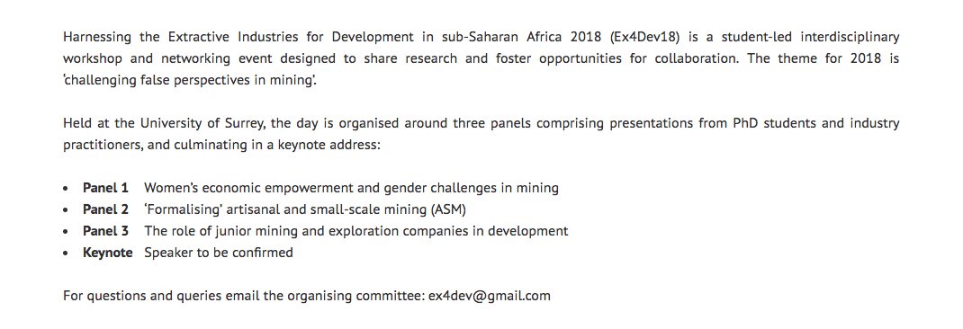J_McQuilken's tweet image. Tom Butler @Tombutlersd CEO of @ICMM_com International Council on Mining &amp;amp; Metals will deliver keynote at workshop on Harnessing the Extractives for Development in #Africa #Ex4Dev18 9 Nov @UniOfSurrey Register now to attend and submit a paper to present: ex4dev.com