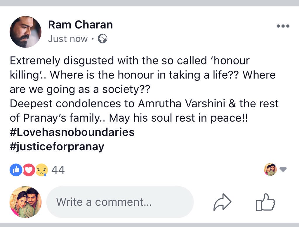 #RamCharan Via Facebook
Sad times. Where r we going. #lovehasnoboundaries #justiceforpranay 
#RamCharan 🙏🙏🙏
#RIPPranay