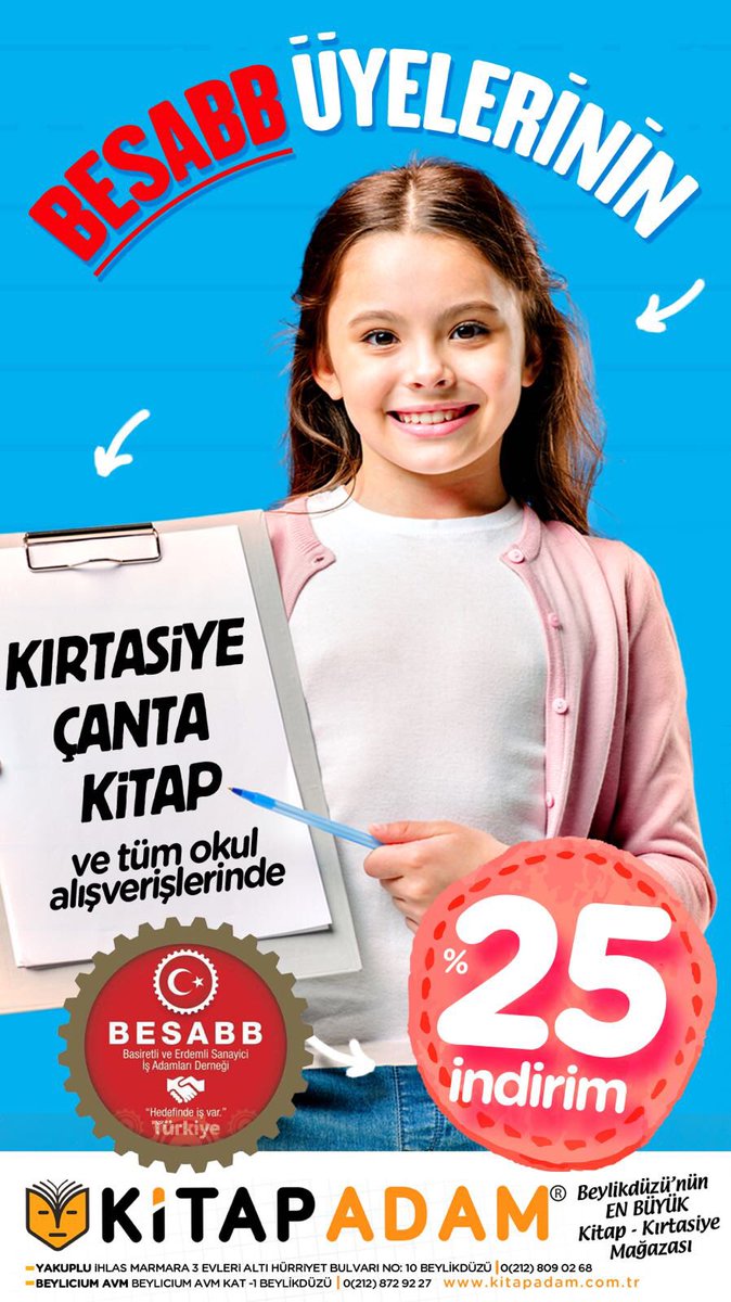 #besabbayrıcalıklar kapsamında üyemiz
Kitap Adam okulların açılması ile beraber 
#besabb üyelerinin kırtasiye alışverişleri için %25 indirim ayrıcalığı sunuyor.
Geleceğin iş insanları çocuklarımız için yaşamlarına anlam katan bir öğretim yılı olması temennilerimizle