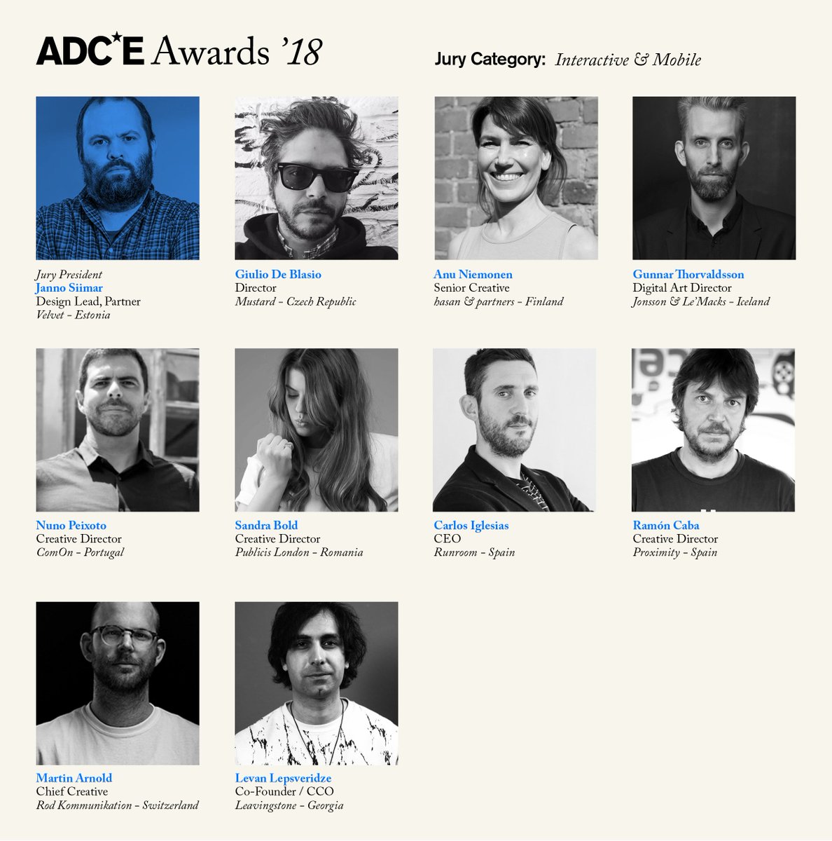 ADC_Europe's tweet photo. (1/2) Introducing the #ADCEawards Interactive &amp; Mobile Jury:
Jury President: @jannosiimar - @velvetcreative (Estonia)
@jedimustard - @mustardprague (Czech Republic)
@anu100 - @hasanpartners (Finland)
Gunnar Thorvaldsson - @jonssonlemacks (Iceland)
Nuno Peixoto - ComOn (Portugal) https://t.co/7BVOMIHsU8