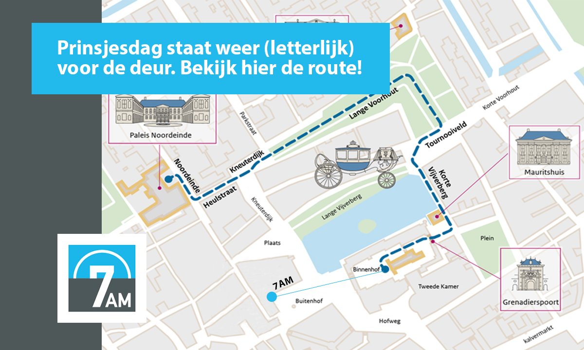 Om klokslag 13:00 vertrekt de Glazen Koets van Paleis Noordeinde richting de Ridderzaal! Bekijk hier de route #Prinsjesdag2018