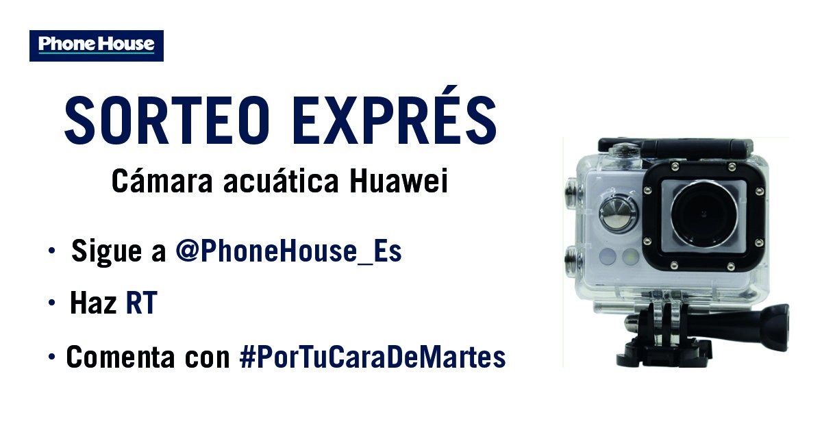 PhoneHouse_Es's tweet photo. ⚡️¡Hoy es #FelizMartes con #SORTEO!

Para participar:     

1⃣ Sigue a @PhoneHouse_ES 
2⃣ Haz RT  
3⃣ Comenta con #PorTuCaraDeMartes😎
 
Y mañana, esta cámara acuática Huawei puede ser tuya 📸🌊

¡MUCHA SUERTE!🤞   

Bases: https://t.co/DCI9AGSw71 https://t.co/HfuEV2OdMM