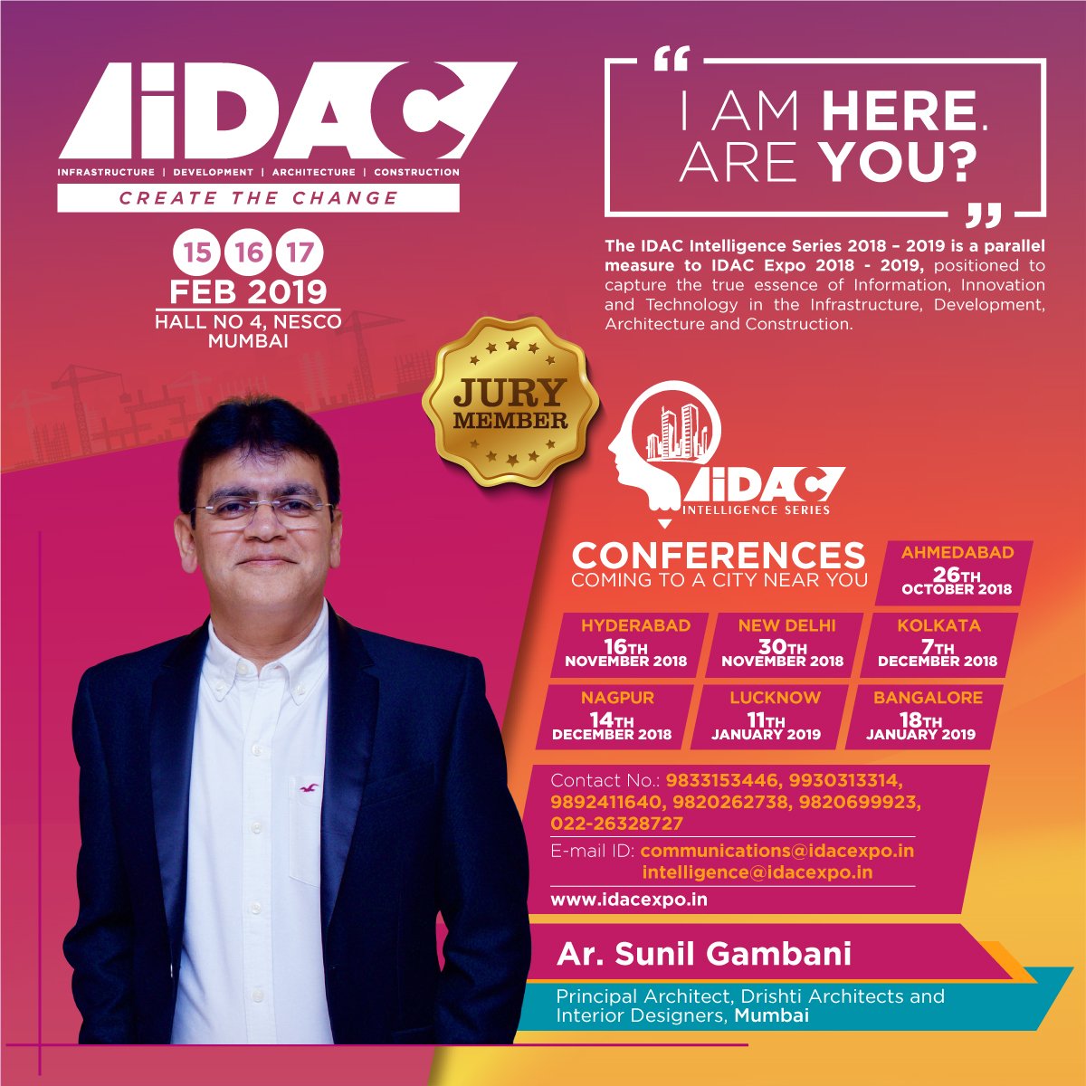 IDACExpo's tweet photo. IDAC Expo welcomes Ar. Sunil Gambani as one of our esteemed Jury Members for Intelligence Series.
#IDAC #IDAC2019 #IDACIntelligenceSeries #IntelligenceSeries #IDACSalutes #Jury #Competition #Architect #PrincipleArchitect #Infrastructure #Development #Architecture #Construction https://t.co/u8Rmly4o4X