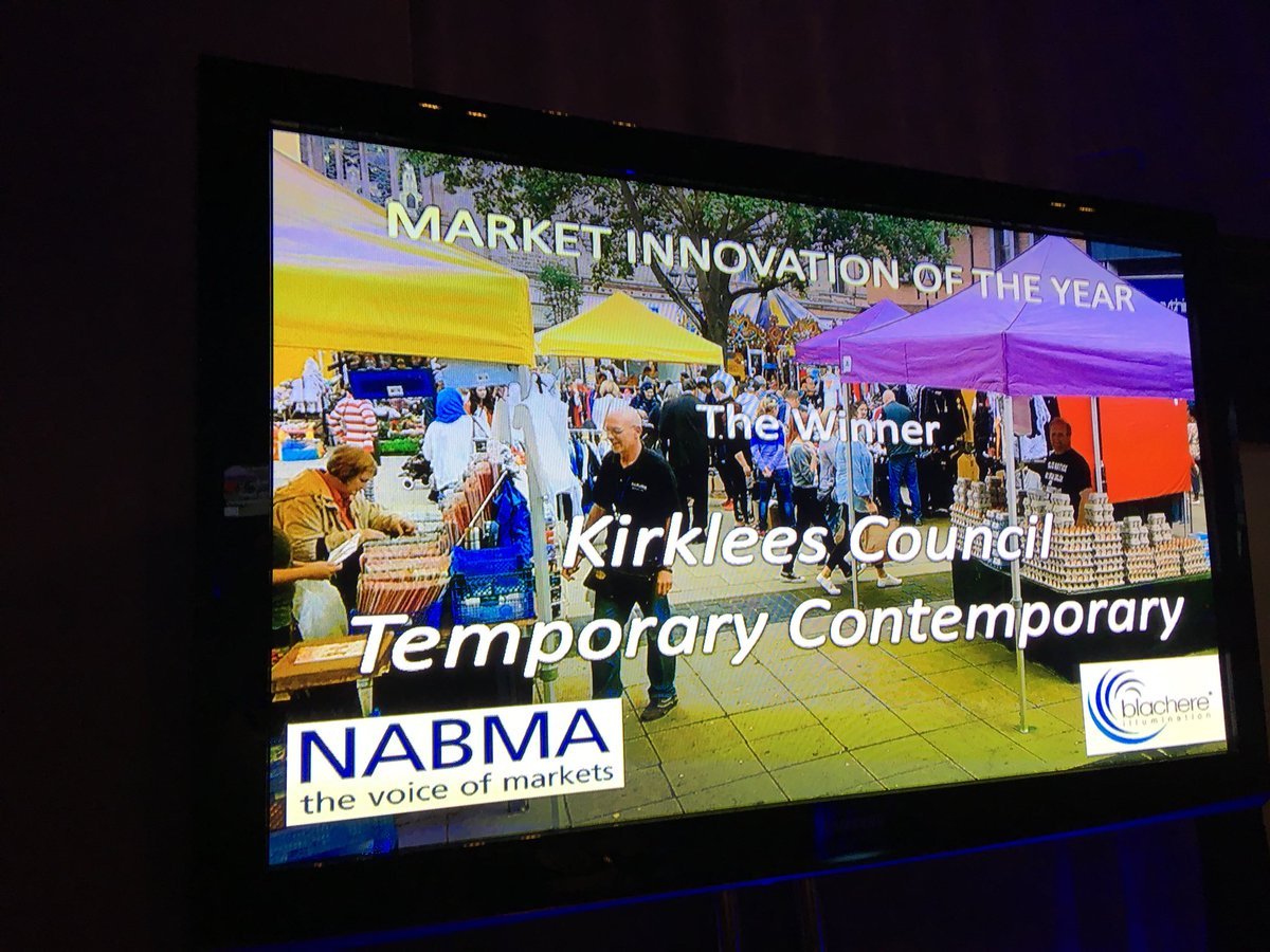 KirkleesCouncil's tweet photo. We're winners! Last night we won Innovation of the Year for our Temporary Contemporary art project in Queensgate Market. It's a fab partnership between the council and @ADAHuddersfield - go and take a look if you've never been >https://t.co/1OGAvxiXI7 #teamkirklees https://t.co/JPwMvLqxc9